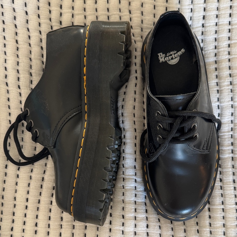 Dr. Martens Black Leather Oxfords with Yellow Stitching